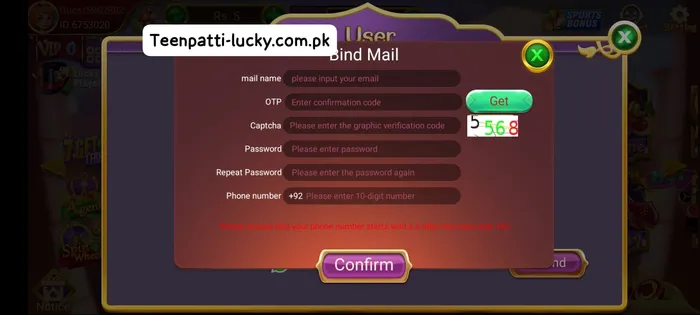 Teen Patti Lucky game registration screen